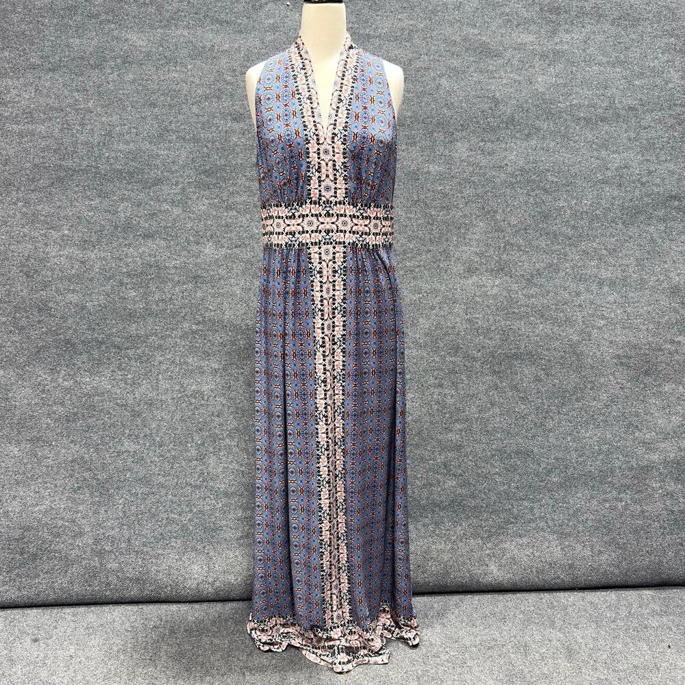 Wisp Dress Womens 14 Blue Floral Halter Maxi Fit Flare Boho Jersey Sleeveless